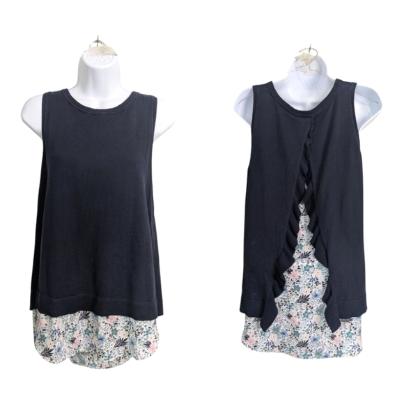 LOFT Navy Floral Tank Top Blouse Sleeveless Knit Ruffle Split Back Layered Small - Picture 1 of 8